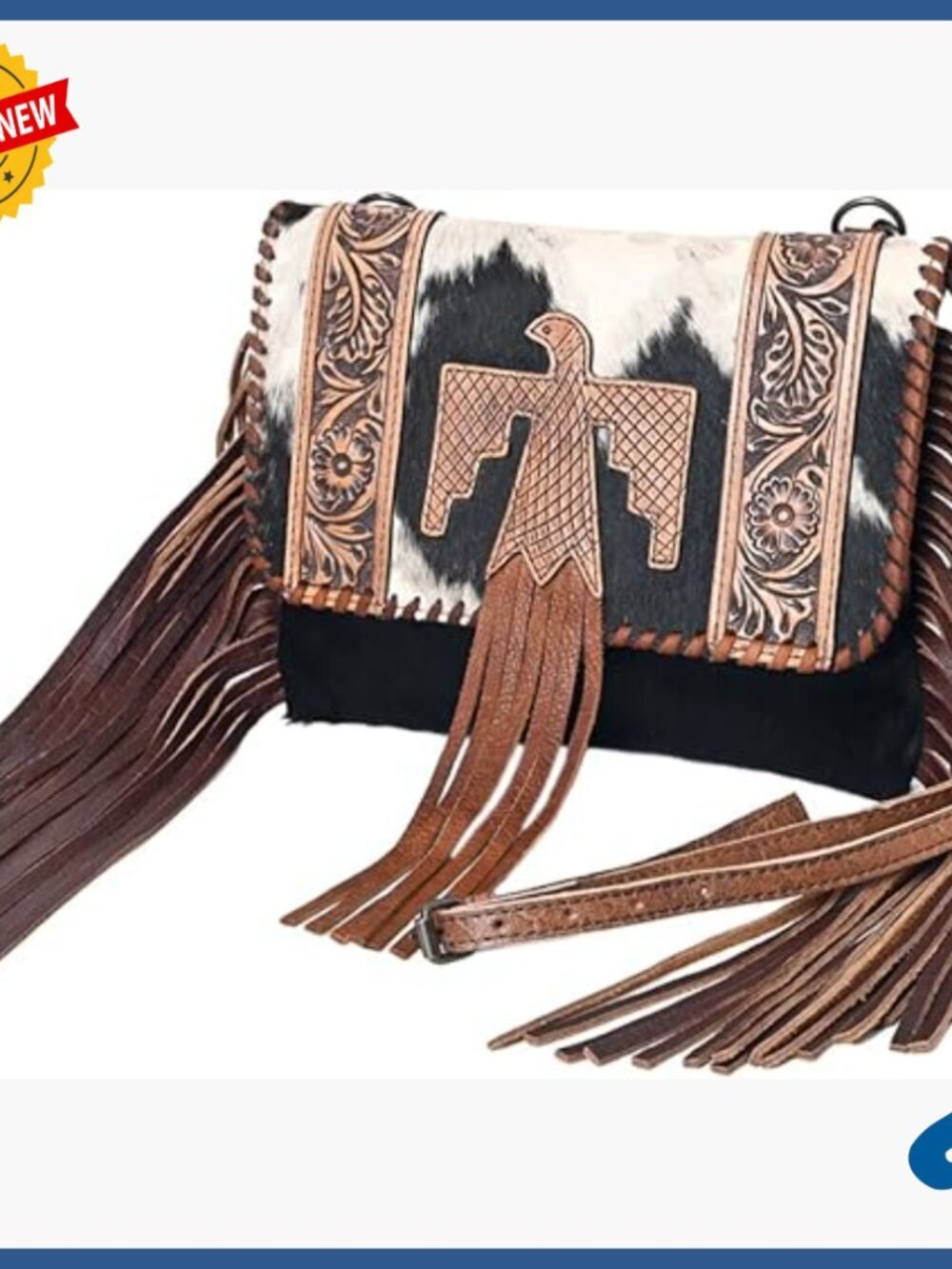 Hand Tooled Leather Crossbody Bag with Fringes, YKK Zipper, 8x11